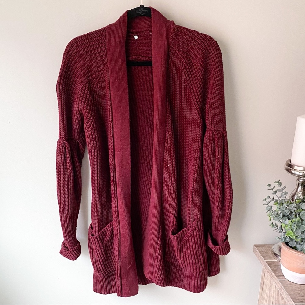 ANTHRO RED CARDI WITH BALLOON SLEEVE